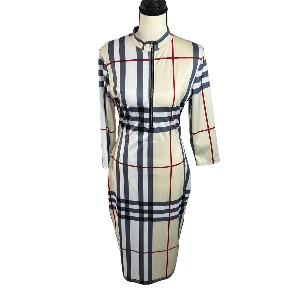Women's Plaid Bodycon Midi Dress Mock Neck Quarter Zip Stretch Size L
